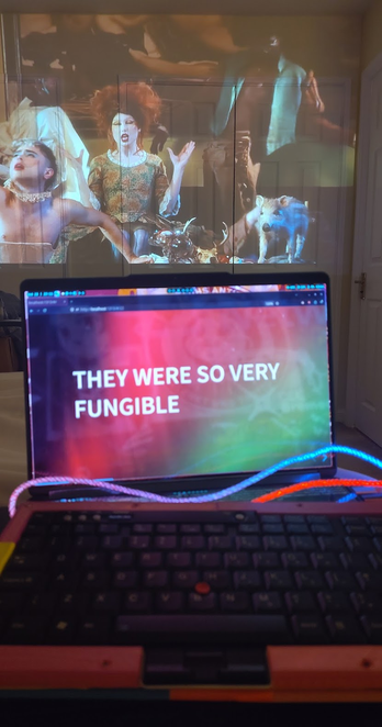 Photo showing a laptop screen which is displaying the words They Were So Very Fungible on a funky Northern Lights aurora type backdrop. The laptop seems to have a repurposed OG ThinkPad keyboard attached via a multicoloured LED cable. In the background Haute & Freddy are projected onto a wardrobe for inspiration.