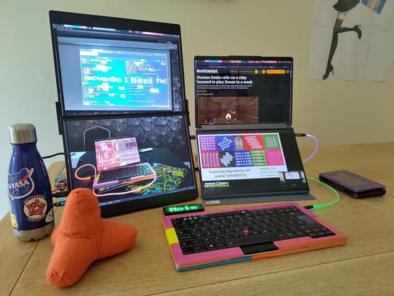 Photo of some weird computer gear which is displaying various OggCamp related things on a dual screen laptop and a dual screen portable monitor, including the OggCamp Algorave recruitment photo, the TurtleStitch talk video and a New Scientist article about human brain organoids learning to play Doom. For added Chaos vibes, there is a plush tetrapod, an LED badge showing the word "Moin", and a water bottle covered in silly stickers like the NYASA logo - making outer space significantly more feline. In the foreground is a weird home made device which re-houses an OG ThinkPad laptop keyboard in a low effort 3D printed case, connected to the weird laptop with a weird glowing LED cable. On the wall in the background, Hatsune Miku is repping trans rights, and to one side there is a mysterious clamshell device with a Mostly Harmless sticker on its lid.