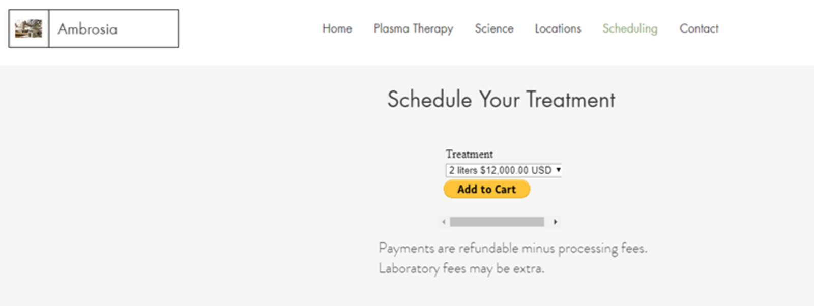 Alt4You: Screenshot of the former Ambrosia LLC website, showing that someone has added 2 litres of blood plasma to their shopping basket, for US$12,000