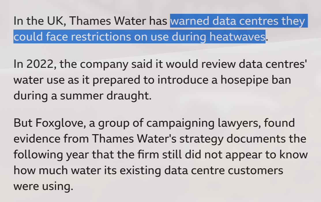 Alt4You: BBC article on data centres, which says Thames Water has warned data centres they could face restrictions on use during heatwaves.