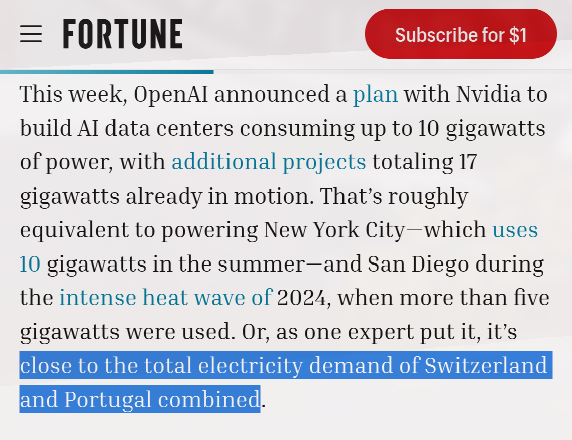 Alt4You: Fortune article on OpenAI data centre plans, roughly equivalent to the total electricity demand of Switzerland and Portugal combined