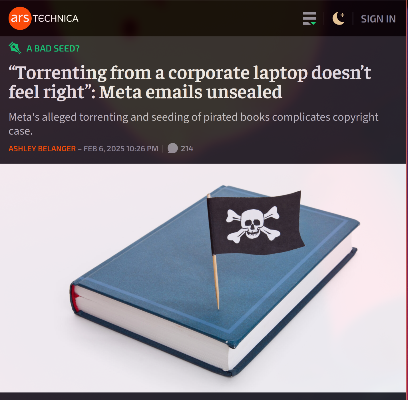 Alt4You: Screenshot from ArsTechnica article about Meta allegedly abusing authors’ copyright by training their AI model on illegally obtained copies of books