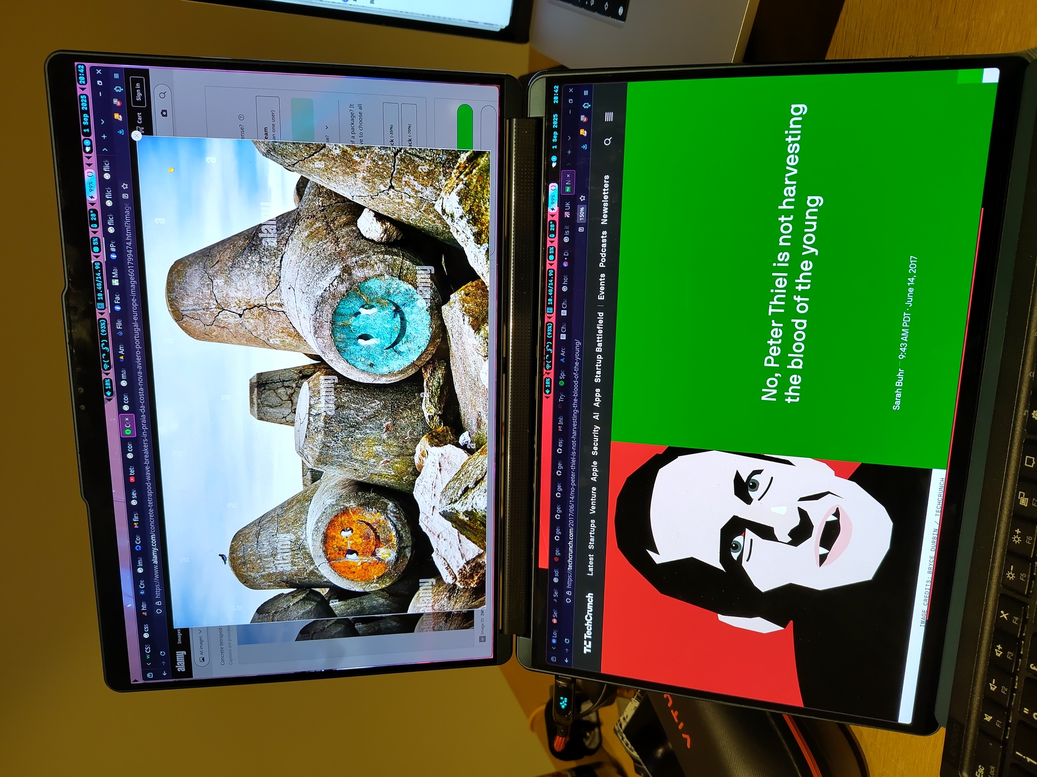 Alt4You: Screenshot of a weird dual screen laptop. On the top screen are some large concrete tetrapod beach defences with colourful smiley faces painted on. On the bottom screen is a TechCrunch article restating the title of the slide, accompanied with a sketch of Mr Thiel where he appears to have vampire style teeth.
