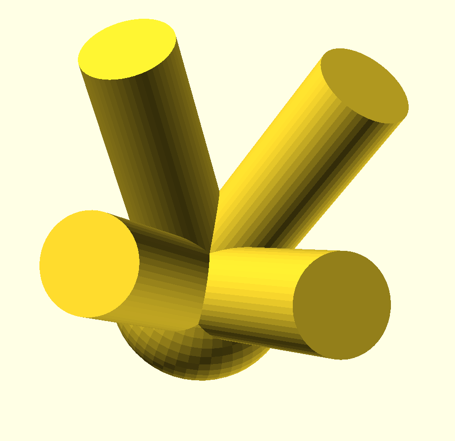 Weird tetrapod produced in OpenSCAD by Claude. It has four 'legs', but they all emanate from roughly the same place on a central sphere.