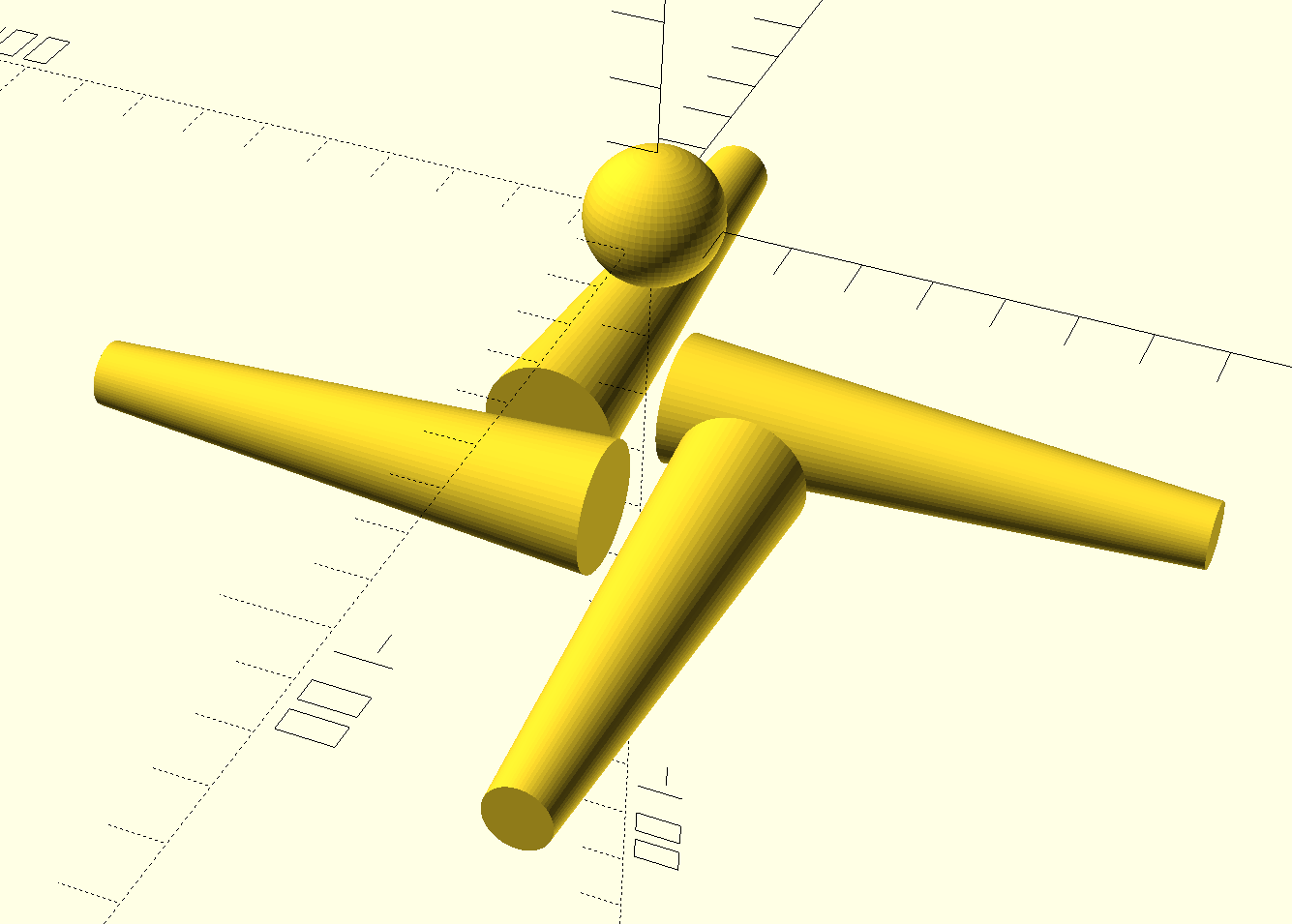 Weird tetrapod produced in OpenSCAD by Gemini. It has four legs and a central sphere, but they aren't actually connected.