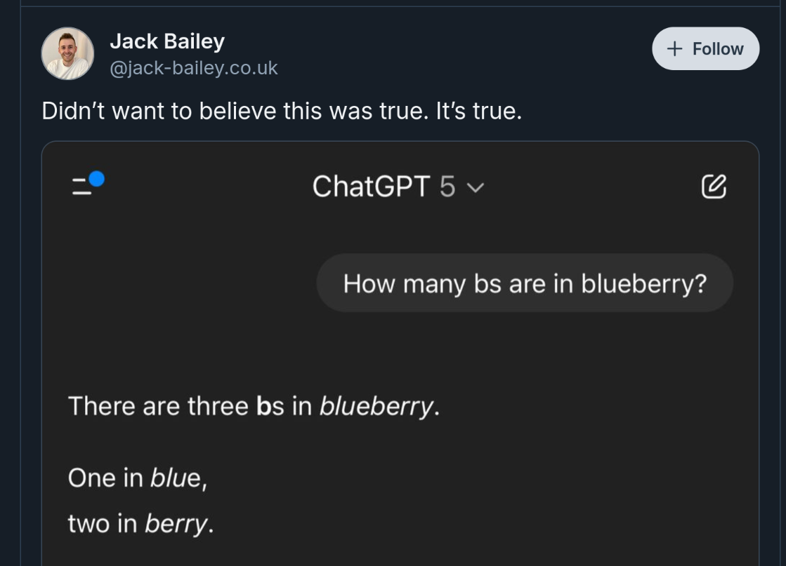 Screenshot of GPT-5 confidently explaining that there are three letter B’s in blueberry