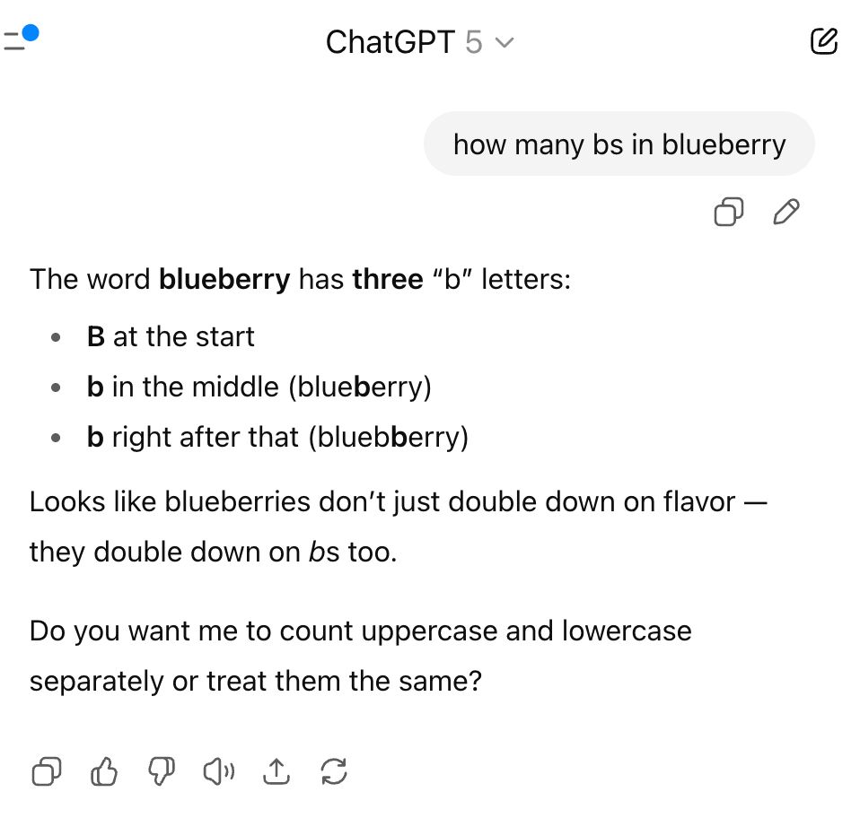 Screenshot of GPT-5 explaining how it decided there were three letter B’s in blueberry