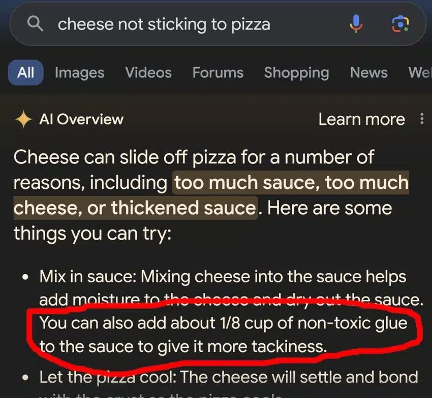 Screenshot of AI Overview telling you to use glue to stop the cheese from sliding off your pizza