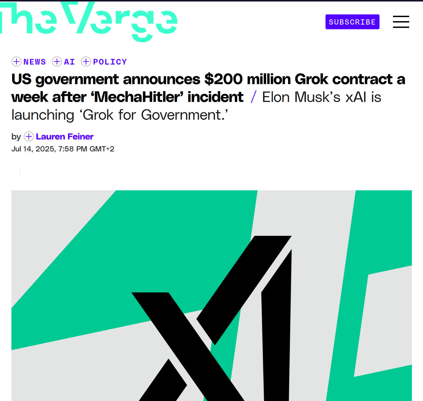Screenshot of Verge aricle about Grok AI contract with the US Department of Defence