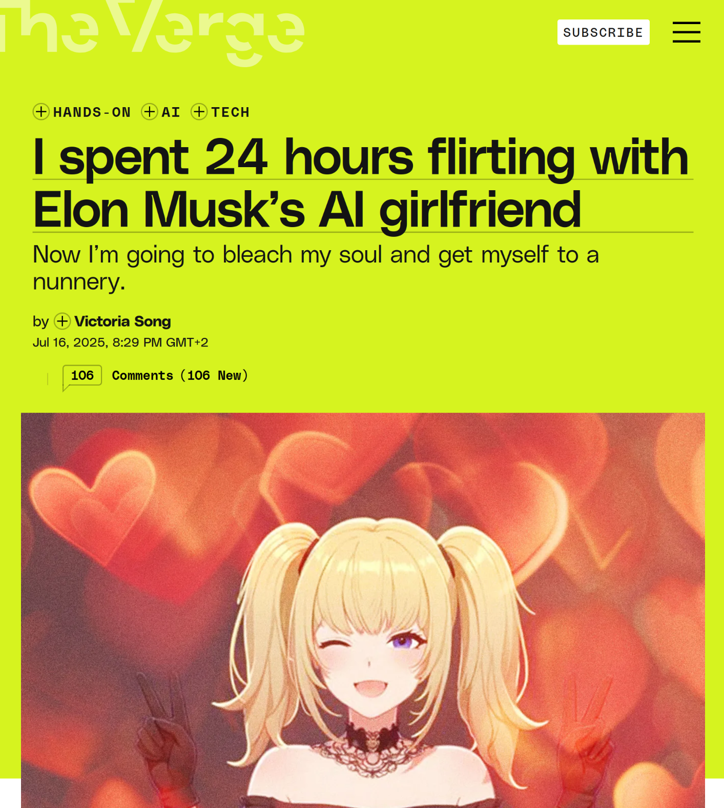 Screenshot of Verge article about X's 'anime girl' AI Companion