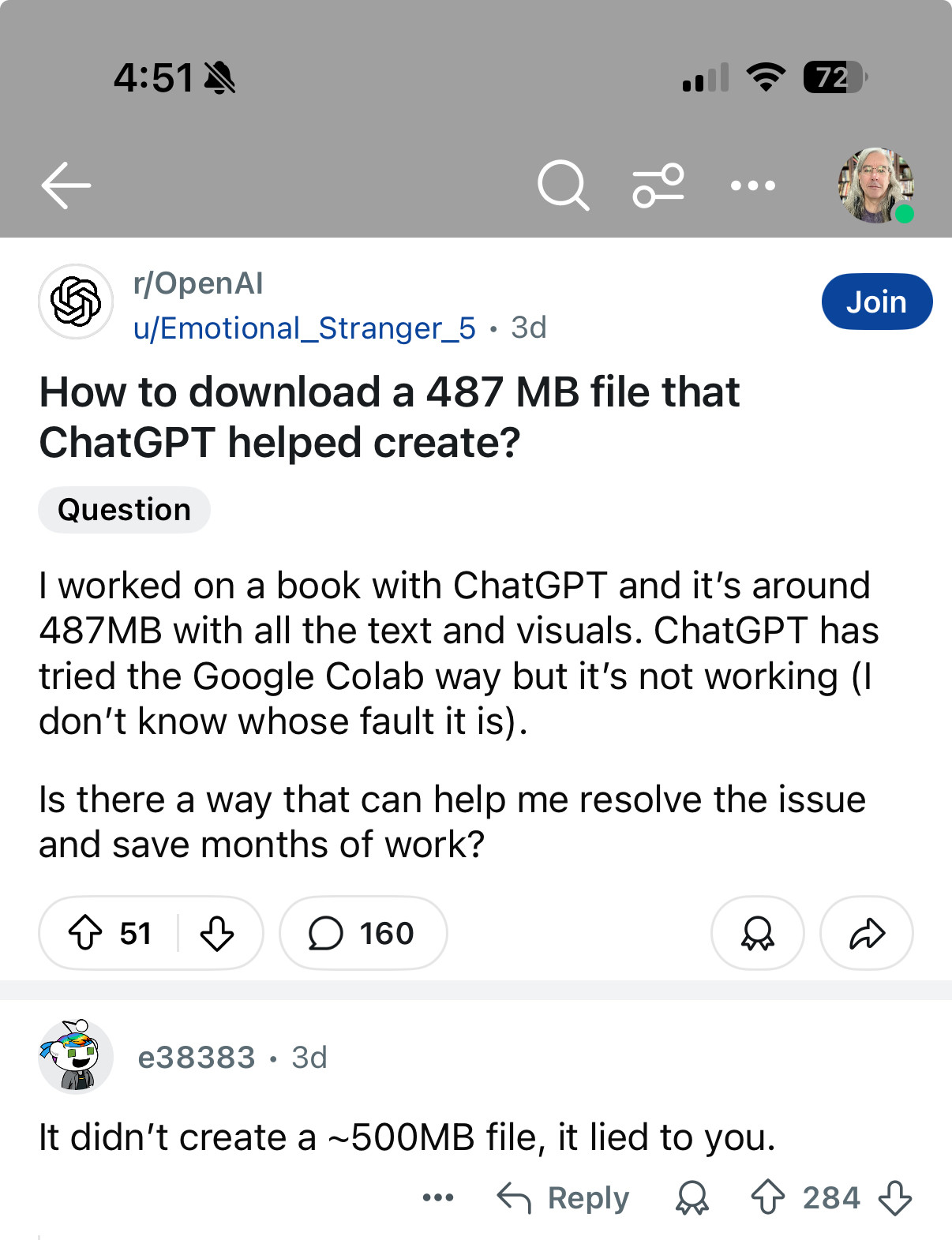 Screenshot of a would-be author complaining about how GPT has lied to them about helping them to write a book. There is no book.