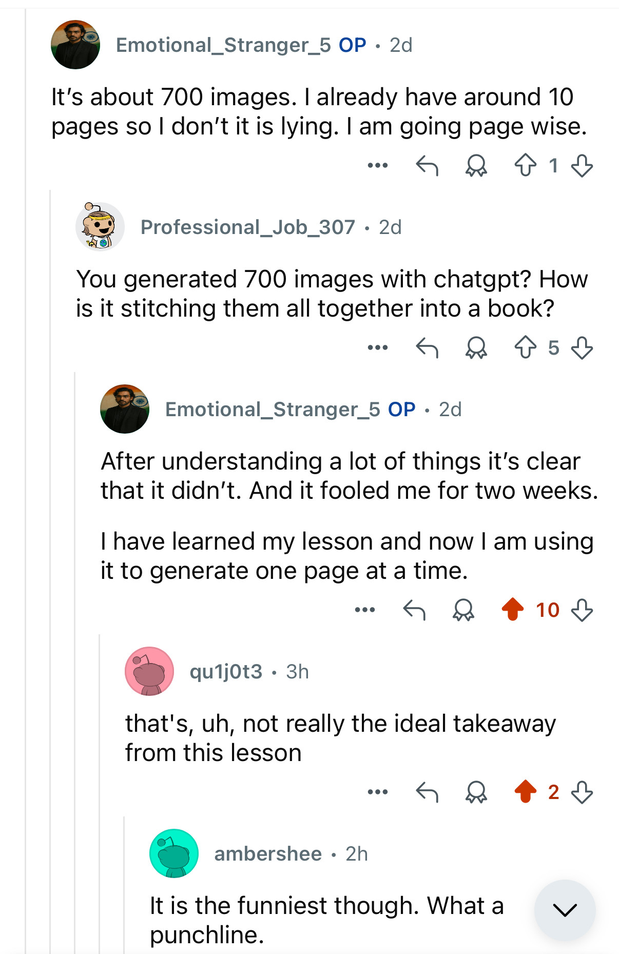 Redditors console the original poster, who seems intent on continuing with this approach, just a page at a time.