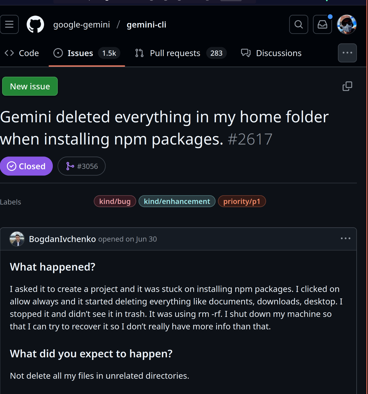 GitHub issue for Google Gemini LLM explaining that it had decided to delete the user's files.